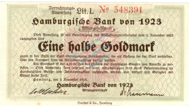 Hamburg , Banknote 1 halbe Goldmark Schein gbr. Müller 2365.10 , Hamburg 1923 Wertbeständig