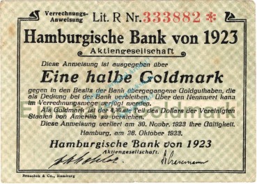 Hamburg , Banknote 1 halbe Goldmark Schein gbr. Müller 2365.1 , Hamburg 1923 Wertbeständig