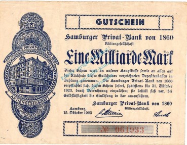 Hamburg , Banknote 1 Milliarde Mark Schein gbr. Keller 2120.d , Hamburg 1923 Inflation