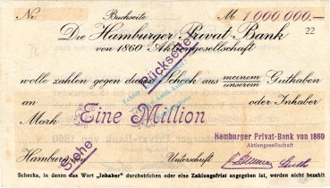 Hamburg , Banknote 1 Million Mark Scheck gbr. Keller 2120.a , Hamburg o.D. Inflation