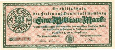 Hamburg , Banknote 1 Million Mark Schein unc-kfr. Keller 2109.c , Hamburg 1923 Inflation