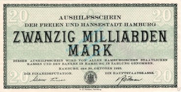 Hamburg , Banknote 20 Milliarden Mark -MUSTER- unc-kfr. Keller 2109.u , Hamburg 1923 Inflation