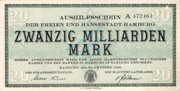 Hamburg , Banknote 20 Milliarden Mark Schein unc-kfr. Keller 2109.u , Hamburg 1923 Inflation