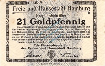 Hamburg , Banknote 21 Goldpfennig --o.KN-- unc-kfr. Müller 2310.1.a , Hamburg 1Hamburg , Banknote 21 Goldpfennig --o.KN-- unc-kfr. Müller 2310.1.a , Hamburg 1923 Wertbeständig923 Wertbeständig
