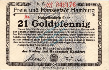 Hamburg , Banknote 21 Goldpfennig Schein gbr. Müller 2310.1.b-e , Hamburg 1923 Wertbeständig