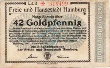 Hamburg , Banknote 42 Goldpfennig Schein gbr. Müller 2310.2.b , Hamburg 1923 Wertbeständig