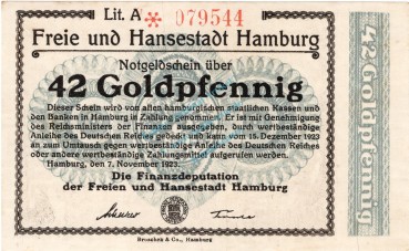 Hamburg , Banknote 42 Goldpfennig Schein unc-kfr. Müller 2310.2.b , Hamburg 1923 WertbeständigHamburg , Banknote 42 Goldpfennig Schein unc-kfr. Müller 2310.2.b , Hamburg 1923 Wertbeständig