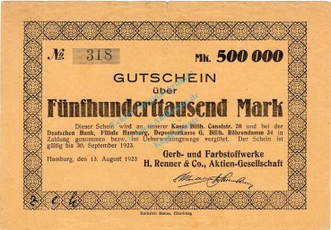 Hamburg , Banknote 500.000 Mark Schein gbr. Keller 2117.a , Hamburg 1923 Inflation