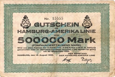 Hamburg , Banknote 500.000 Mark Schein gbr. Keller 2118.b , Hamburg 1923 Inflation