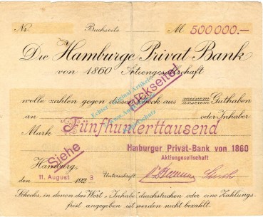 Hamburg , Banknote 500.000 Mark Schein gbr. Keller 2120.a , Hamburg 1923 InflationHamburg , Banknote 500.000 Mark Schein gbr. Keller 2120.a , Hamburg 1923 Inflation