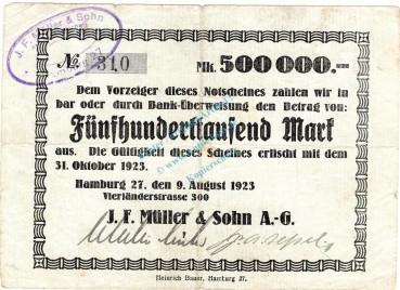 Hamburg , Banknote 500.000 Mark Schein gbr-. Keller 2127.a , Hamburg 1923 Inflation