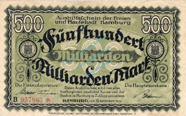 Hamburg , Banknote 500 Milliarden Mark Schein gbr-. Keller 2109.y , Hamburg 1923 Inflation