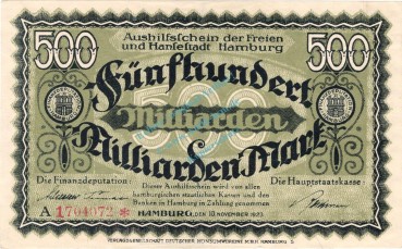 Hamburg , Banknote 500 Milliarden Mark Schein gbr. Keller 2109.x , Hamburg 1923 Inflation