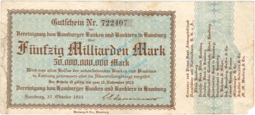 Hamburg , Banknote 50 Milliarden Mark Schein gbr-. Keller 2137.L , Hamburg 1923 Inflation