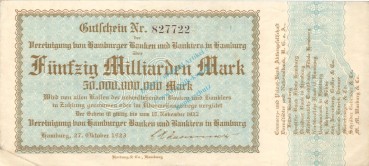 Hamburg , Banknote 50 Milliarden Mark Schein L-gbr. Keller 2137.L , Hamburg 1923 Inflation