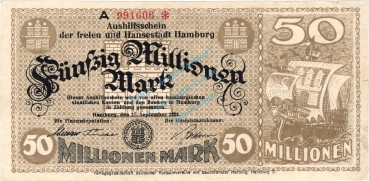 Hamburg , Banknote 50 Millionen Mark Schein gbr. Keller 2109.n , Hamburg 1923 Inflation