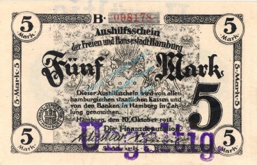 Hamburg , Banknote 5 Mark Schein in L-gbr.E Geiger 212.01.c , Hamburg 1918 InflationHamburg , Banknote 5 Mark Schein in L-gbr.E Geiger 212.01.c , Hamburg 1918 Inflation