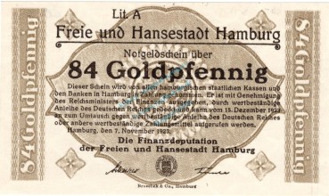 Hamburg , Banknote 84 Goldpfennig -o.KN- unc-kfr. Müller 2310.3.a , Hamburg 1923 Wertbeständig