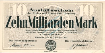 Hamburg , Notgeld 10 Milliarden Mark -MUSTER- in F-kfr. Keller 2209.q , Hamburg 1923 Inflation