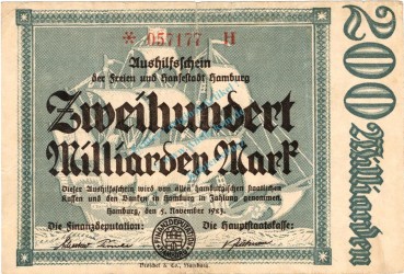 Hamburg , Notgeld 200 Milliarden Mark Schein in gbr-. Keller 2209.w , Hamburg 1923 Inflation
