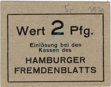 Hamburg , Notgeld 2 Pfennig Schein unc-kfr. Ti.2765.150.06 , Hamburg o.D. Verkehrsausgabe