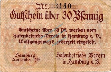 Hamburg , Notgeld 30 Pfennig Schein gbr. Ti.2765.145.02 , Hamburg 1919 Verkehrsausgabe