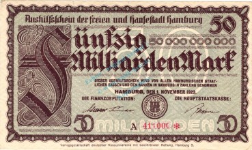 Hamburg , Notgeld 50 Milliarden Mark Schein in gbr. Keller 2209.v , Hamburg 1923 InflationHamburg , Notgeld 50 Milliarden Mark Schein in gbr. Keller 2209.v , Hamburg 1923 Inflation