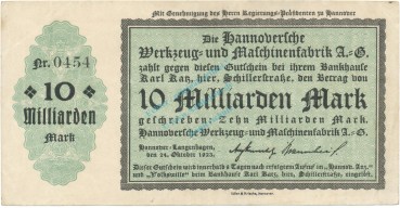 Hannover , Banknote 10 Milliarden Mark Schein gbr. Keller 2181.b , Niedersachsen 1923 Inflation