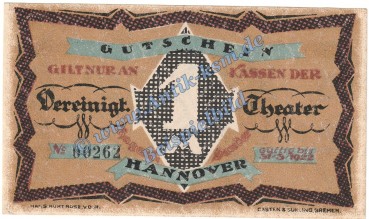 Hannover , Notgeld 1 Mark -Theater Hagen und Sanders- in kfr. M-G 576.1 , Niedersachsen o.D. Seriennotgeld