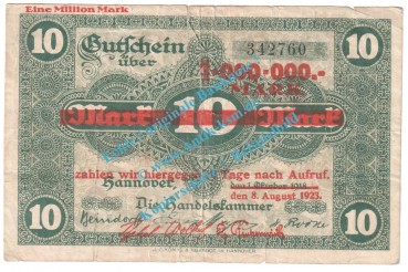 Preview: Hannover , Notgeld 1 Million Mark -Überdruck- in gbr. Keller 2156 , Niedersachsen 1923 Grossnotgeld Inflation