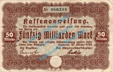Hannover , Notgeld 50 Milliarden Mark Schein in gbr. Keller 2148.e , Niedersachsen 1923 Grossnotgeld - Inflation
