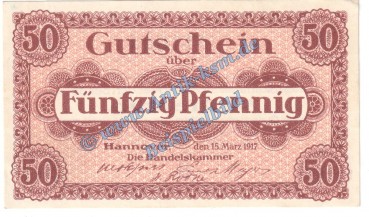 Hannover , Notgeld 50 Pfennig Schein in kfr. Tieste 2795.30.02 , Niedersachsen 1917 Verkehrsausgabe