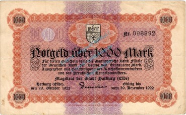 Harburg , Banknote 1.000 Mark Schein gbr. Müller 2020.4 , Niedersachsen 1922 Inflation