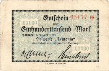 Harburg , Banknote 100.000 Mark Schein gbr. Keller 2209 , Niedersachsen 1923 Inflation