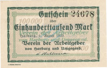 Harburg , Banknote 100.000 Mark Schein unc-kfr. Keller 2213.a , Niedersachsen 1923 Inflation