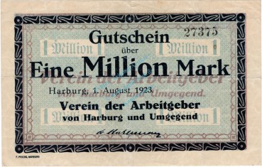 Harburg , Banknote 1 Million Mark Schein gbr. Keller 2213.a , Hamburg 1923 Inflation