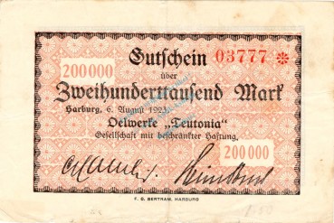 Harburg , Banknote 200.000 Mark Schein gbr. Keller 2209 , Niedersachsen 1923 Inflation