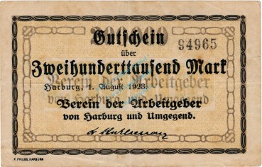 Harburg , Banknote 200.000 Mark Schein gbr. Keller 2213.a , Niedersachsen 1923 Inflation