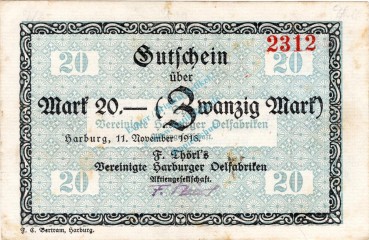Harburg , Banknote 20 Mark Schein gbr.E Geiger 221.04 , Niedersachsen 1918 Grossnotgeld