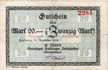 Harburg , Banknote 20 Mark Schein gbr. Geiger 221.04 , Niedersachsen 1918 Grossnotgeld