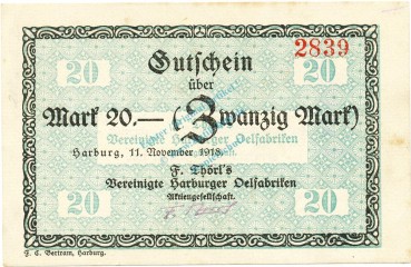 Harburg , Banknote 20 Mark Schein unc-kfr.E Geiger 221.05 , Niedersachsen 1918 Grossnotgeld