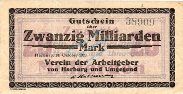 Harburg , Banknote 20 Milliarden Mark Schein gbr. Keller 2213.c , Niedersachsen 1923 Inflation