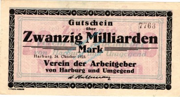 Harburg , Banknote 20 Milliarden Mark Schein L-gbr. Keller 2213.c , Niedersachsen 1923 Inflation