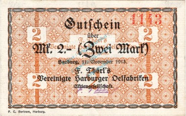Harburg , Banknote 2 Mark Schein gbr.E Geiger 221.02 , Niedersachsen 1918 Grossnotgeld