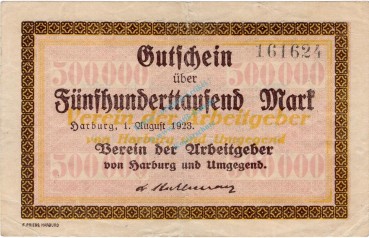 Harburg , Banknote 500.000 Mark Schein gbr-. Keller 2213.a , Niedersachsen 1923 Inflation