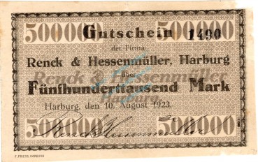 Harburg , Banknote 500.000 Mark Schein gbr. Keller 2210.b , Niedersachsen 1923 Inflation