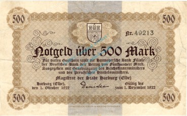 Harburg , Banknote 500 Mark Schein gbr. Müller 2020.2.a , Niedersachsen 1923 Inflation
