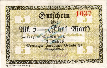 Harburg , Banknote 5 Mark Schein gbr.E Geiger 221.03 , Niedersachsen 1918 Grossnotgeld