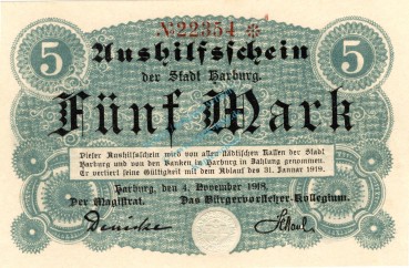 Harburg , Banknote 5 Mark Schein unc-kfr. Geiger 219.01 , Niedersachsen 1918 Grossnotgeld