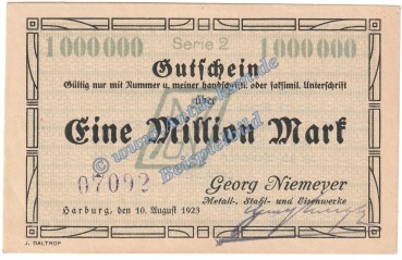 Harburg Niemeyer , Banknote 1 Million Mark Schein in kfr. Keller 2208.b , Niedersachsen 1923 Grossnotgeld Inflation